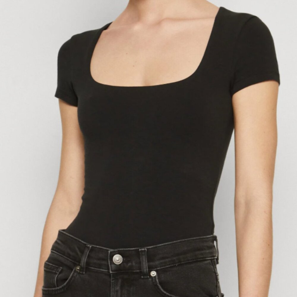 Abercrombie Short-Sleeve Cotton Seamless Squareneck Bodysuit, Black, Size Small - Picture 2 of 9